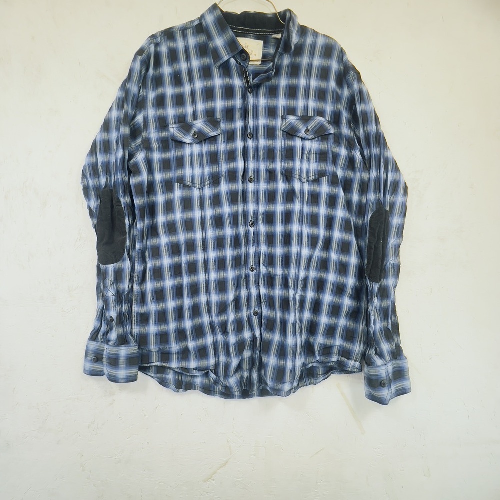 Age of‎ Wisdom Mens Blue Plaid Cotton Button Down Shirt Elbow Patches XL